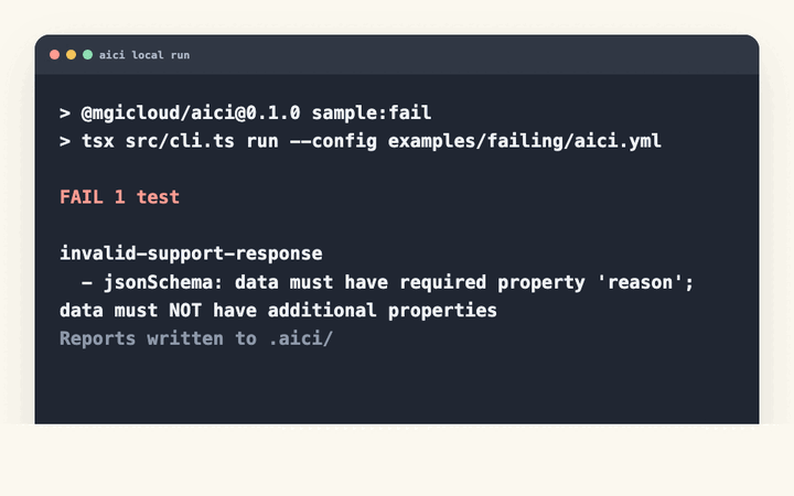 Animated Aici demo cycling through a local CLI failure, GitHub Action failure, and HTML report artifact